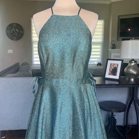 Juliet Formal Gown Size XXL Prom HOCO Dress Teal Sparkle Lace Up Sides High Neck - Picture 3 of 17